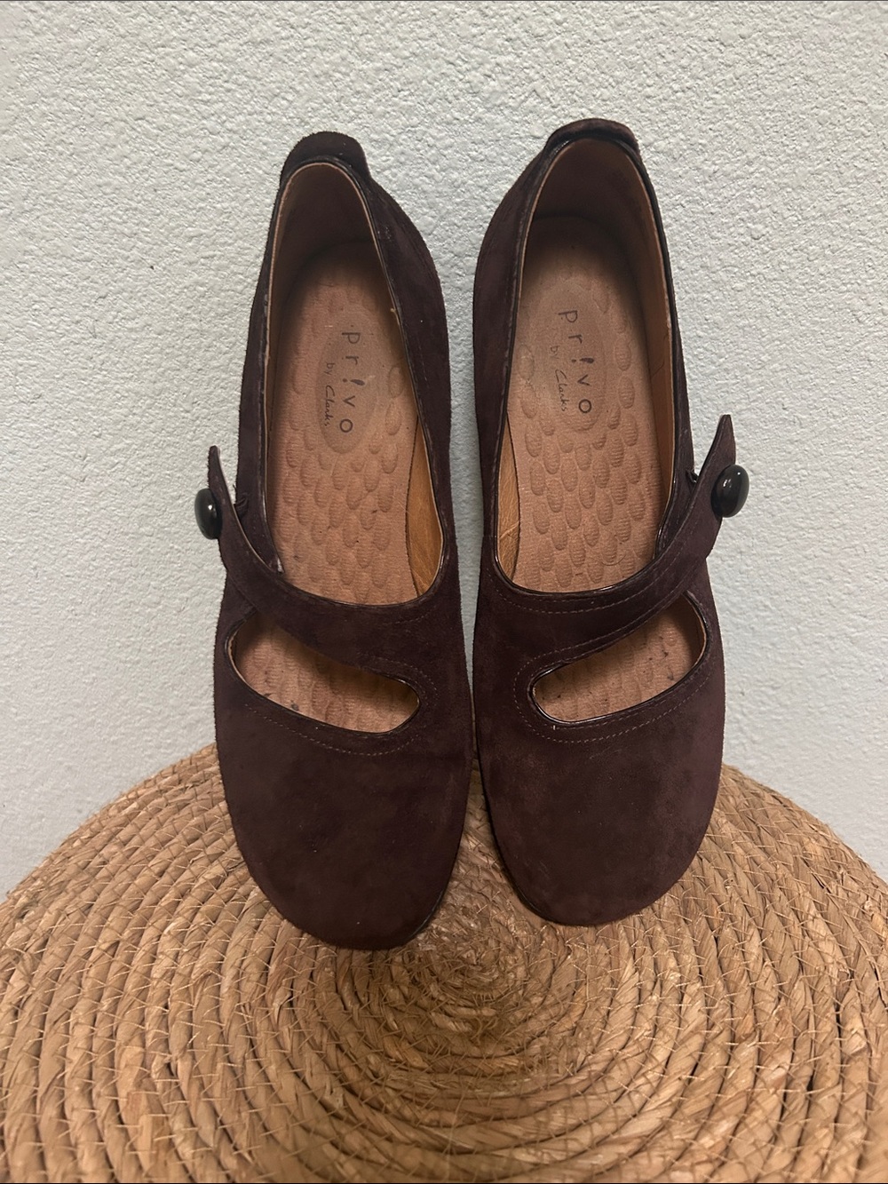 Clarks Privo Brown Suede Mary Jane Flats with Button Strap